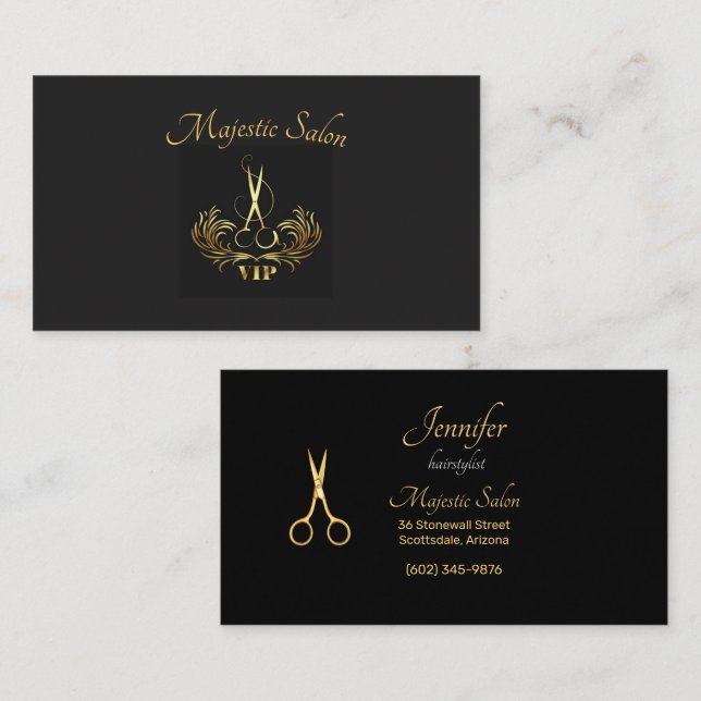 Hairstylist Gold Scissors, Swirls VIP  Business Card (Front/Back)