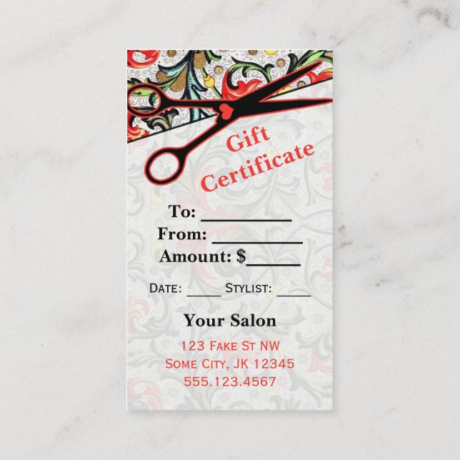 hairstylist hair stylist gift card certificate (Back)