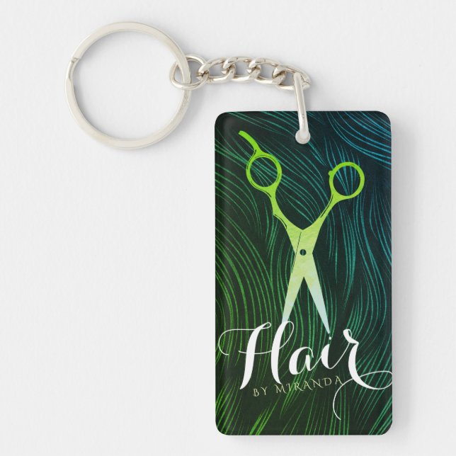 Hairstylist Hairdresser Beauty Green Gold Scissors Key Ring (Front)