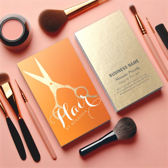 Hairstylist Makeup Salon Chic Orange Gold Scissors Business Card (Creator Uploaded)