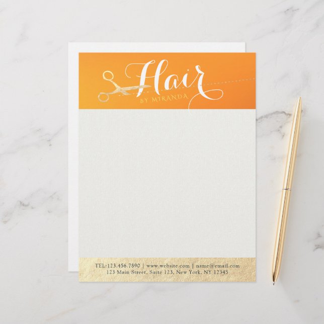 Hairstylist Makeup Salon Chic Orange Gold Scissors Custom Letterhead (Front/Back In Situ)