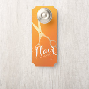 Hairstylist Makeup Salon Chic Orange Gold Scissors Door Hanger