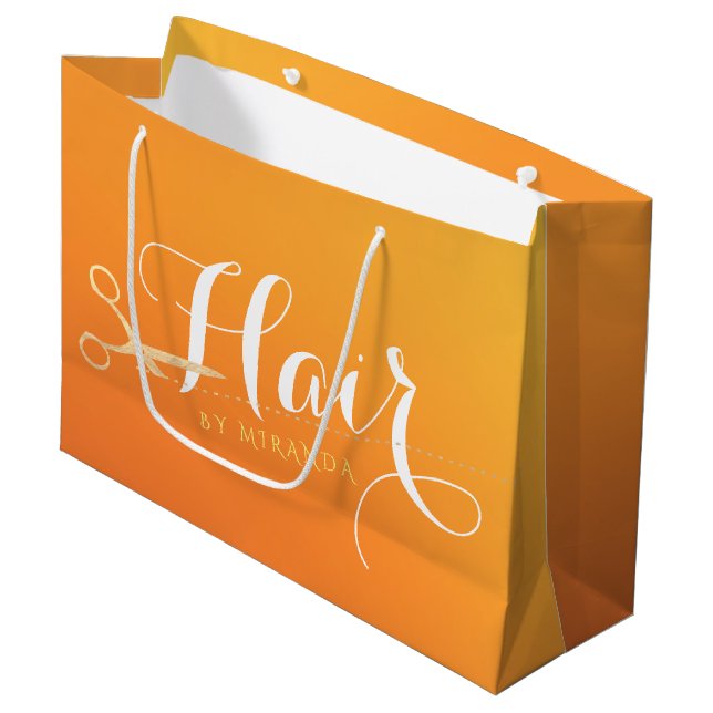 Hairstylist Makeup Salon Chic Orange Gold Scissors Large Gift Bag (Front Angled)