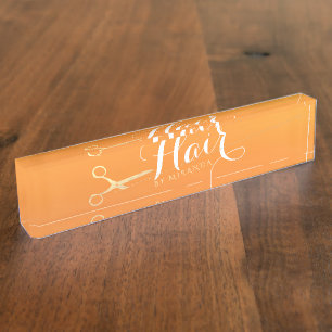 Hairstylist Makeup Salon Chic Orange Gold Scissors Nameplate