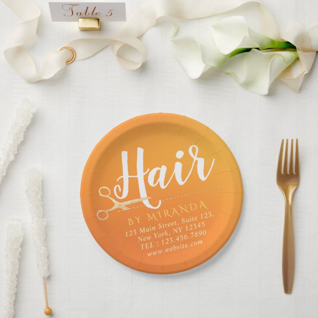 Hairstylist Makeup Salon Chic Orange Gold Scissors Paper Plate (Wedding)