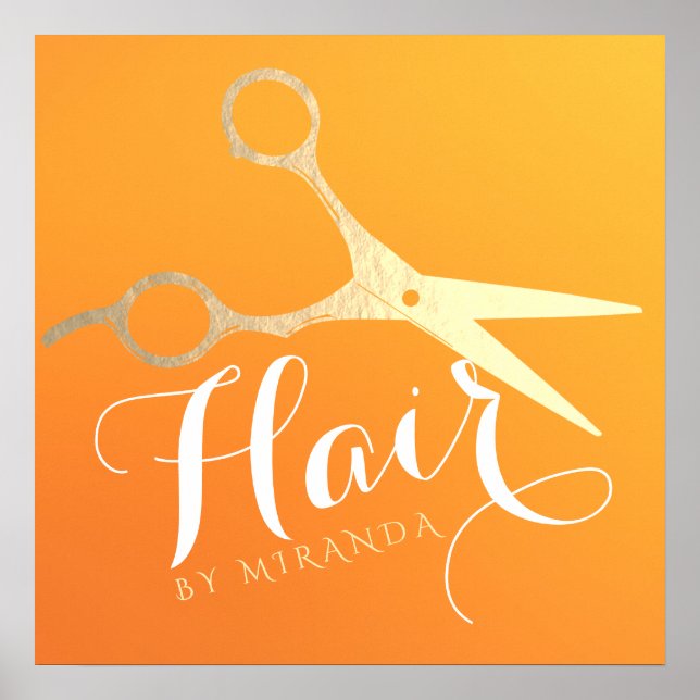 Hairstylist Makeup Salon Chic Orange Gold Scissors Poster (Front)