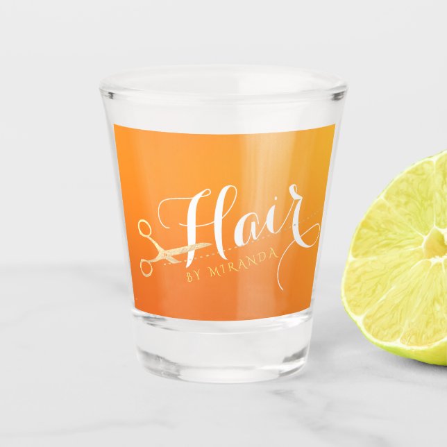 Hairstylist Makeup Salon Chic Orange Gold Scissors Shot Glass (Front)