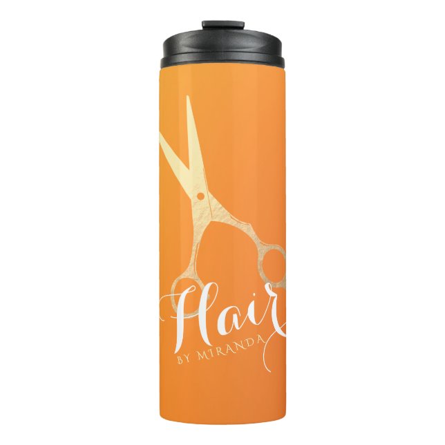 Hairstylist Makeup Salon Chic Orange Gold Scissors Thermal Tumbler (Front)