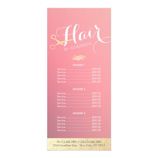 Hairstylist Makeup Salon Gold Scissors Price List Rack Card (Front)