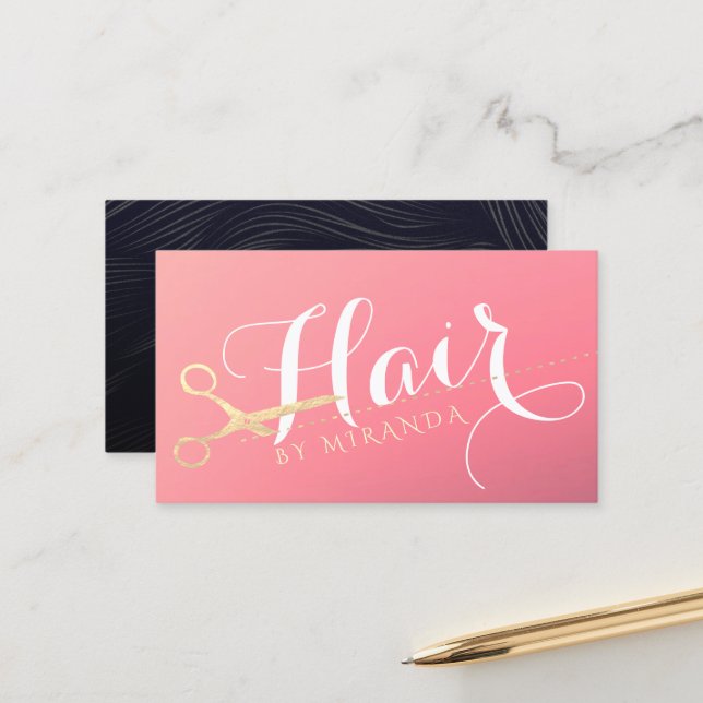 Hairstylist Makeup Salon Modern Pink Gold Scissors Appointment Card (Front/Back In Situ)