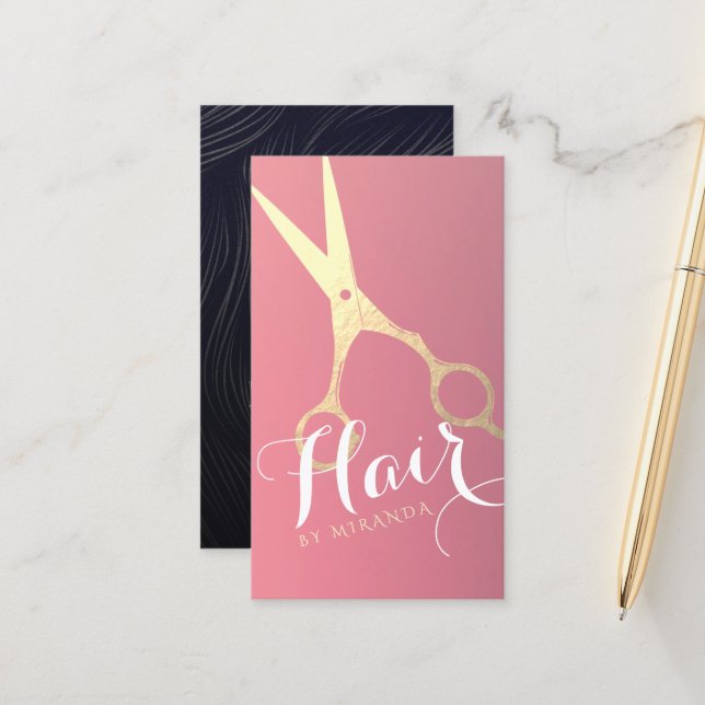Hairstylist Makeup Salon Modern Pink Gold Scissors Appointment Card (Front/Back In Situ)
