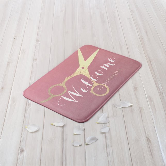 Hairstylist Makeup Salon Modern Pink Gold Scissors Bath Mat (Creator Uploaded)