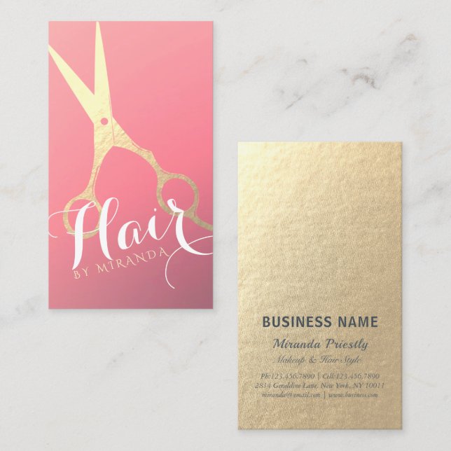 Hairstylist Makeup Salon Modern Pink Gold Scissors Business Card (Front/Back)