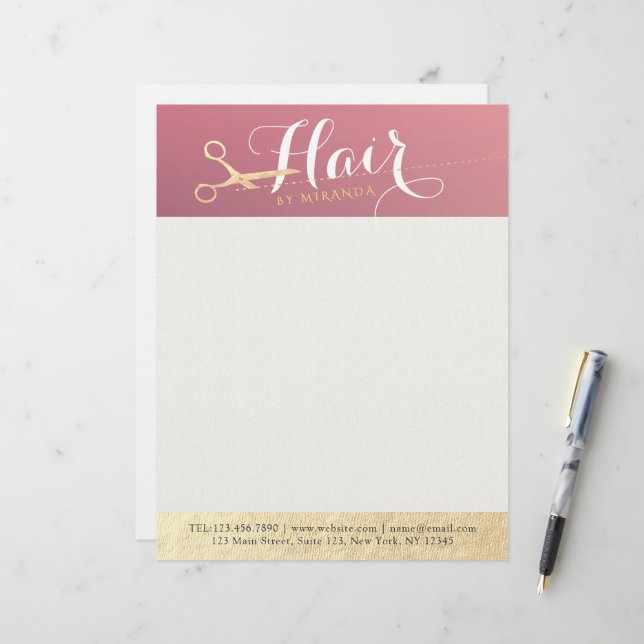Hairstylist Makeup Salon Modern Pink Gold Scissors Custom Letterhead (Front/Back In Situ)