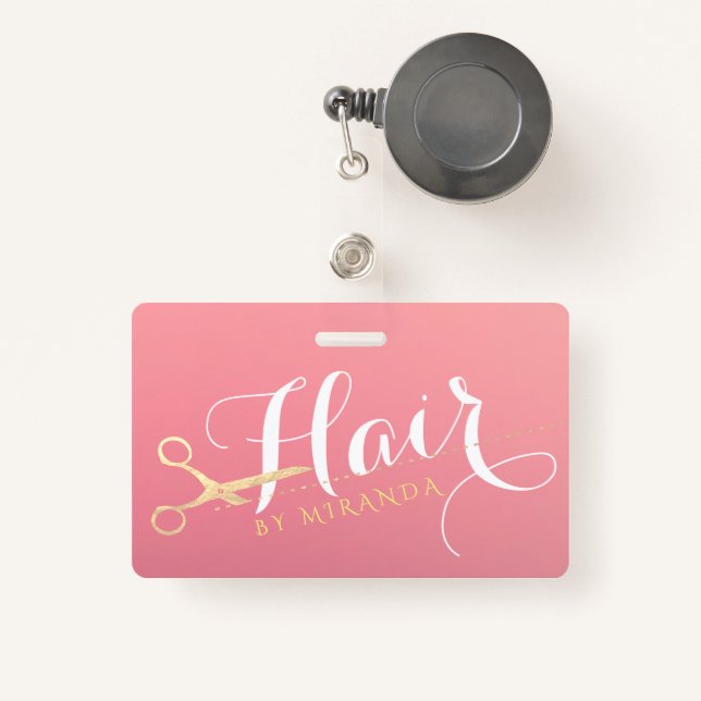 Hairstylist Makeup Salon Modern Pink Gold Scissors ID Badge (Front with Retractable)