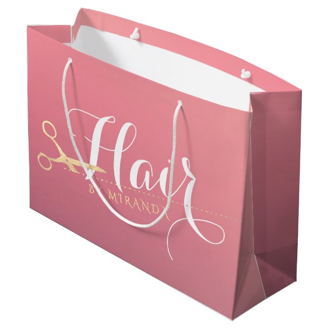 Hairstylist Makeup Salon Modern Pink Gold Scissors Large Gift Bag (Back Angled)