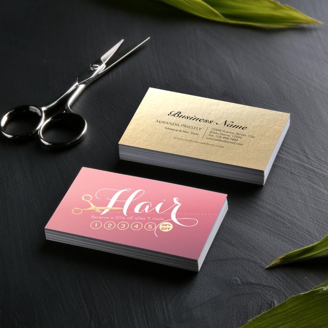 Hairstylist Makeup Salon Modern Pink Gold Scissors Loyalty Card (Creator Uploaded)