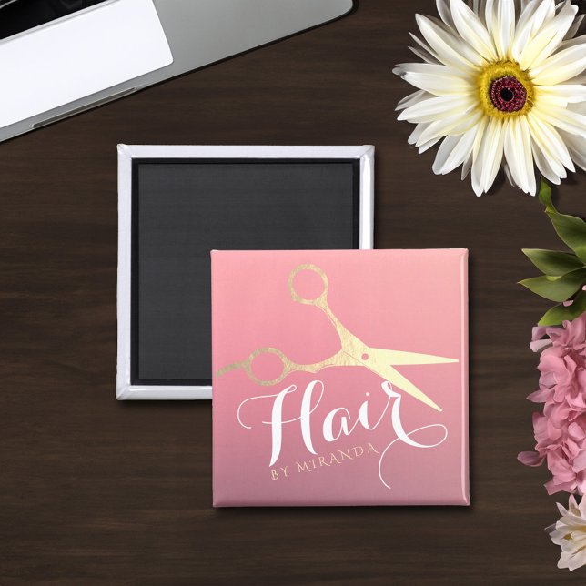 Hairstylist Makeup Salon Modern Pink Gold Scissors Magnet (Creator Uploaded)