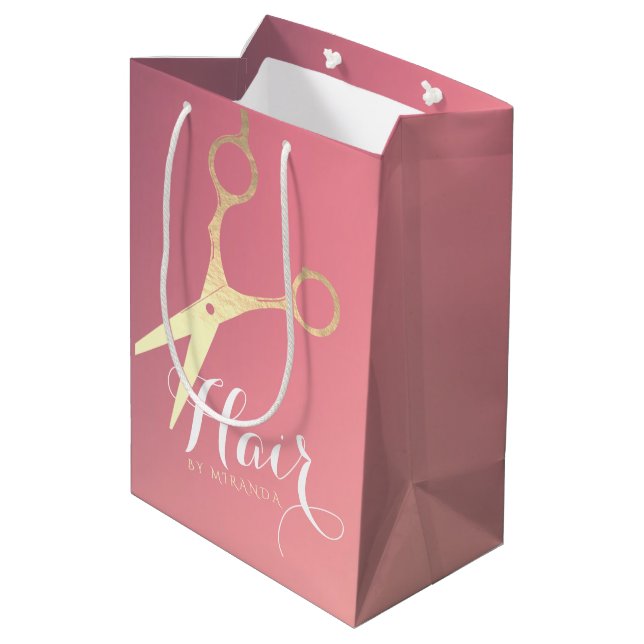 Hairstylist Makeup Salon Modern Pink Gold Scissors Medium Gift Bag (Back Angled)