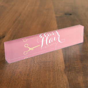 Hairstylist Makeup Salon Modern Pink Gold Scissors Nameplate
