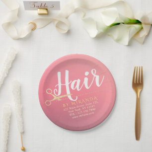 Hairstylist Makeup Salon Modern Pink Gold Scissors Paper Plate