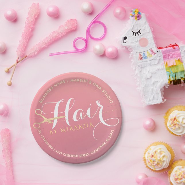 Hairstylist Makeup Salon Modern Pink Gold Scissors Paper Plate (Party)