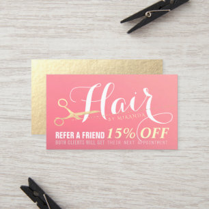 Hairstylist Makeup Salon Modern Pink Gold Scissors Referral Card