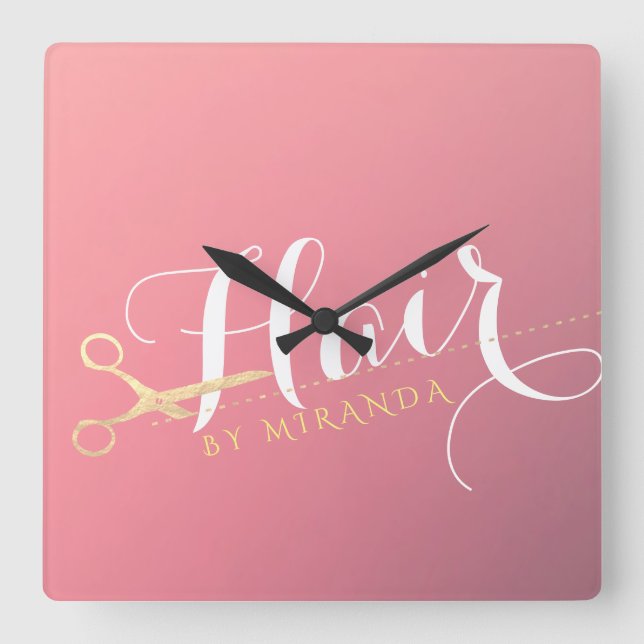 Hairstylist Makeup Salon Modern Pink Gold Scissors Square Wall Clock (Front)