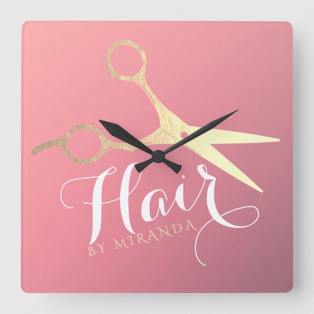 Hairstylist Makeup Salon Modern Pink Gold Scissors Square Wall Clock (Front)
