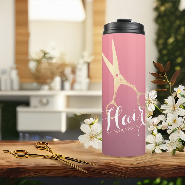 Hairstylist Makeup Salon Modern Pink Gold Scissors Thermal Tumbler (Creator Uploaded)