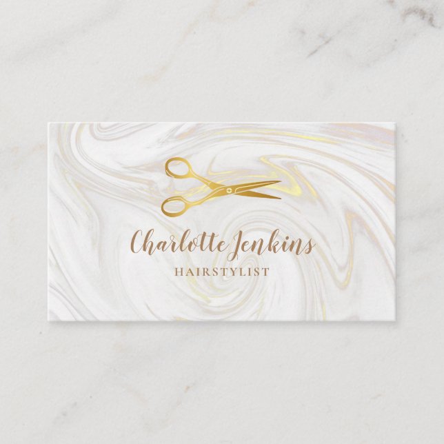 Hairstylist Marble Swirls Gold Scissors Business Card (Front)