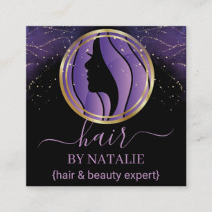 Hairstylist purple and gold professional square business card