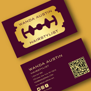 Hairstylist Razor Blade Burgundy And Gold Qr Code  Business Card