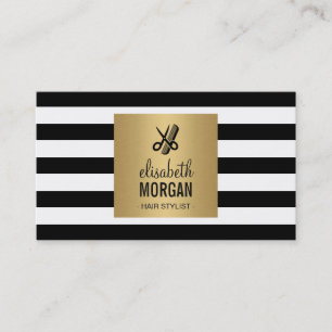 Hairstylist Retro Black White Stripes Gold Square Business Card