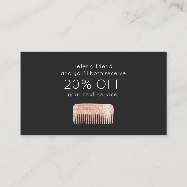 Hairstylist Rose Gold Sequin Comb Customer Loyalty Referral Card (Front)