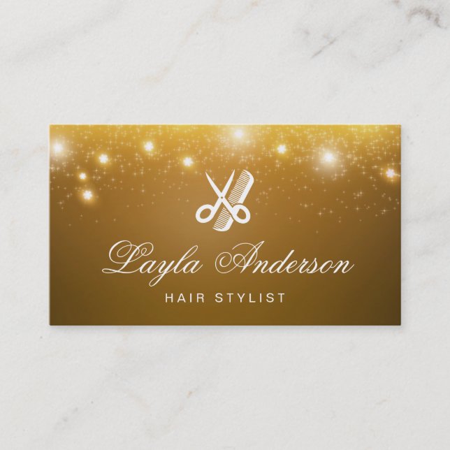 Hairstylist Scissors Comb - Gold Stars Sparkles Business Card (Front)
