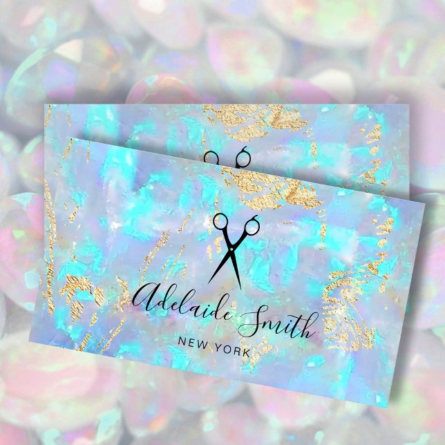 hairstylist scissors on FAUX iridescent opal Business Card (Creator Uploaded)