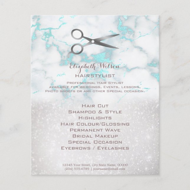 hairstylist scissors on teal marble flyer (Front)