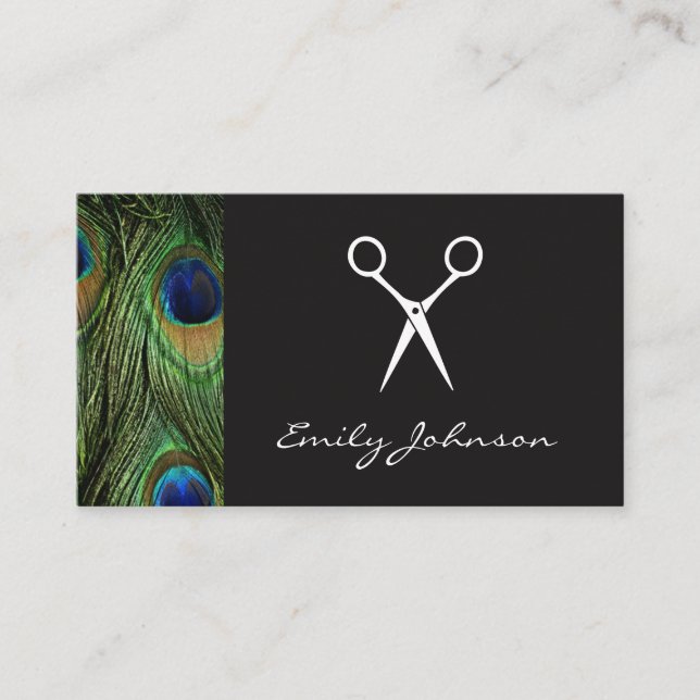Hairstylist Shears Peacock Print Business Card (Front)