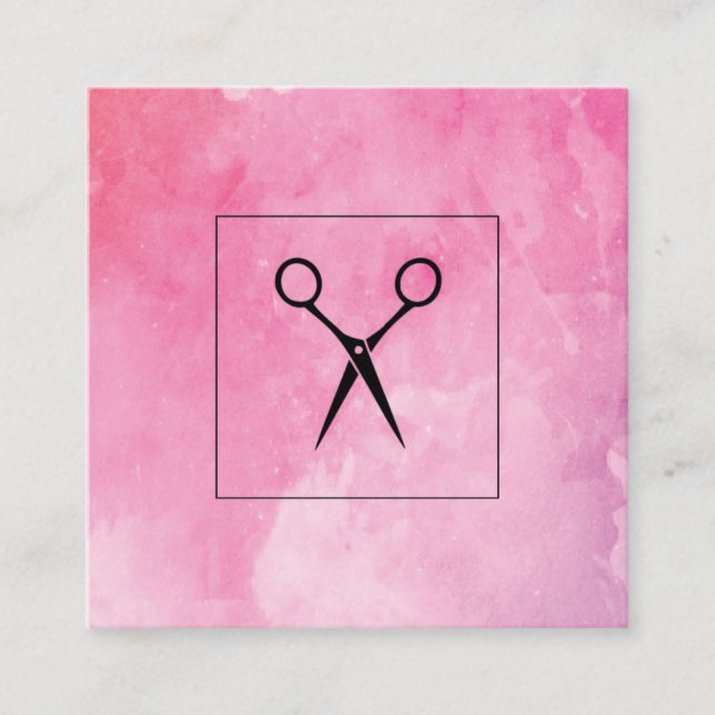 Hairstylist Shears Pink Watercolor Square Business Card (Front)