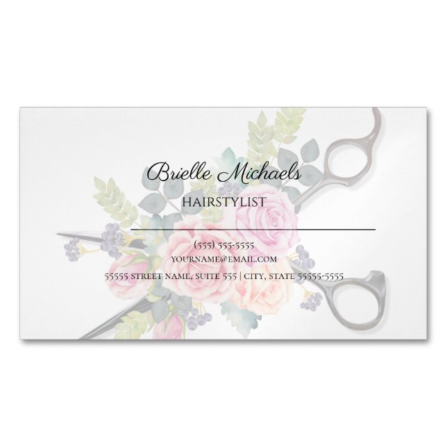 Hairstylist Soft Floral With Haircutting Shears Magnetic Business Card (Front)