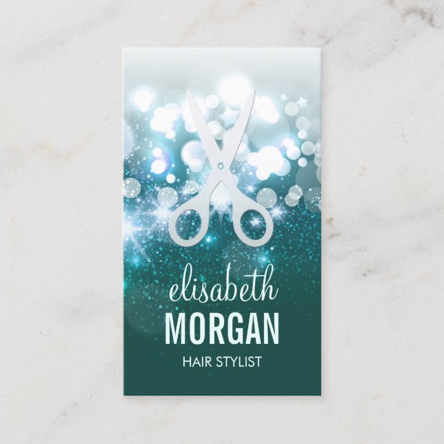 HairStylist Teal Turquoise Glamour Glitter Sparkle Business Card (Front)