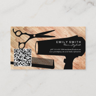 Hairstylist Tools Wood Background QR Code Appointment Card