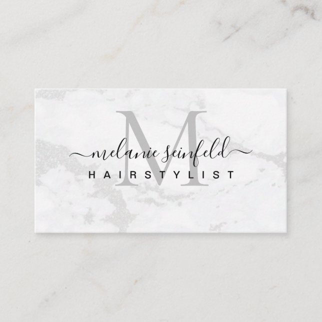Hairstylist White Marble Beauty Salon Monogram Business Card (Front)