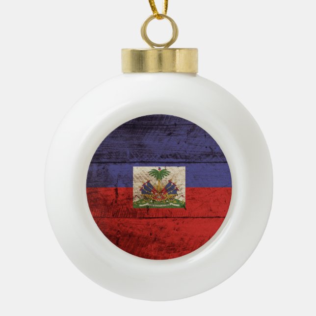 Haiti Flag on Old Wood Grain Ceramic Ball Christmas Ornament (Front)