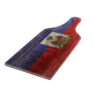 Haiti Flag on Old Wood Grain Cutting Board