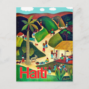 Haiti, native people in tropic village, vintage postcard