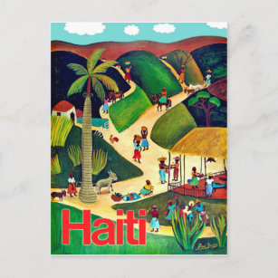 Haiti, native people in tropic village, vintage postcard