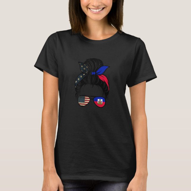 Haiti USA Flag Haitian American Messy Bun Girl Mom T-Shirt (Front)