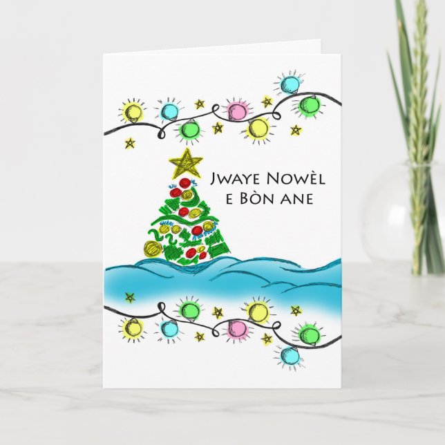 Haitian Creole Christmas, Colorful Tree and Lights Card (Front)